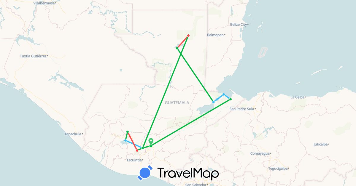 TravelMap itinerary: driving, bus, hiking, boat in Guatemala (North America)