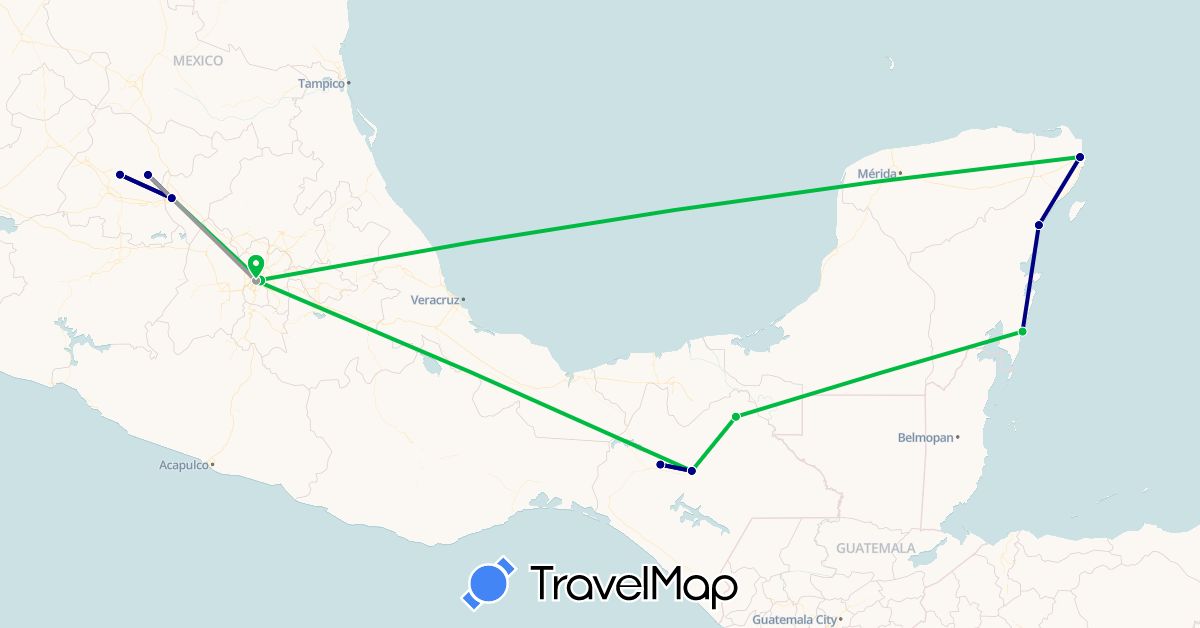 TravelMap itinerary: driving, bus, plane in Mexico (North America)