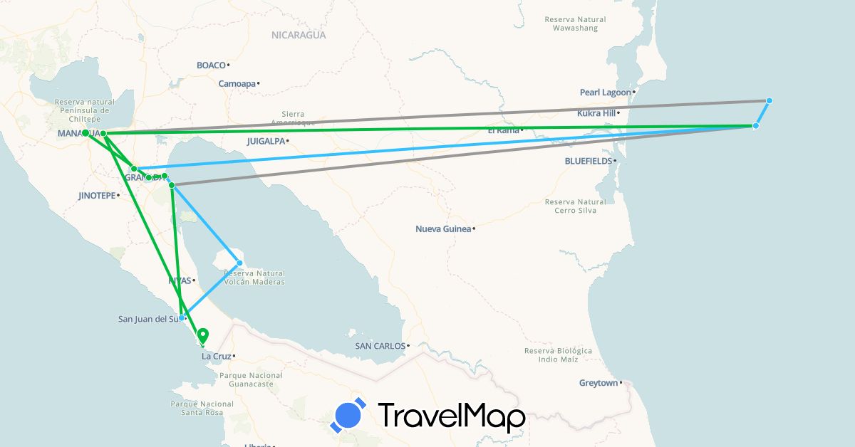 TravelMap itinerary: bus, plane, boat in Nicaragua (North America)